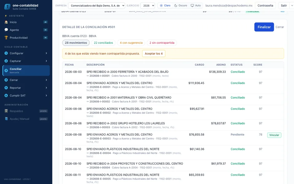 Conciliación bancaria con movimientos conciliados, sugeridos y pendientes